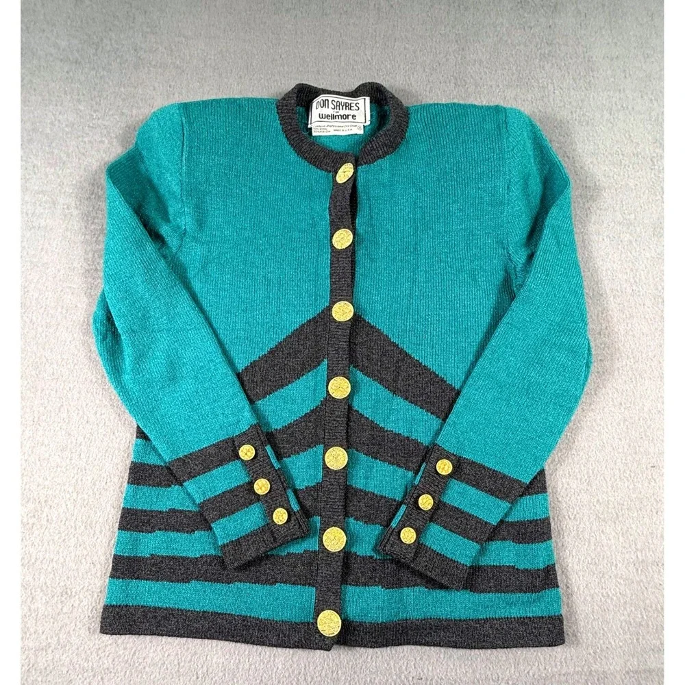 VTG 80s Don Sayres Wellmore Cardigan Wool Rayon USA Teal Gray Womens M Americana - Picture 4 of 9